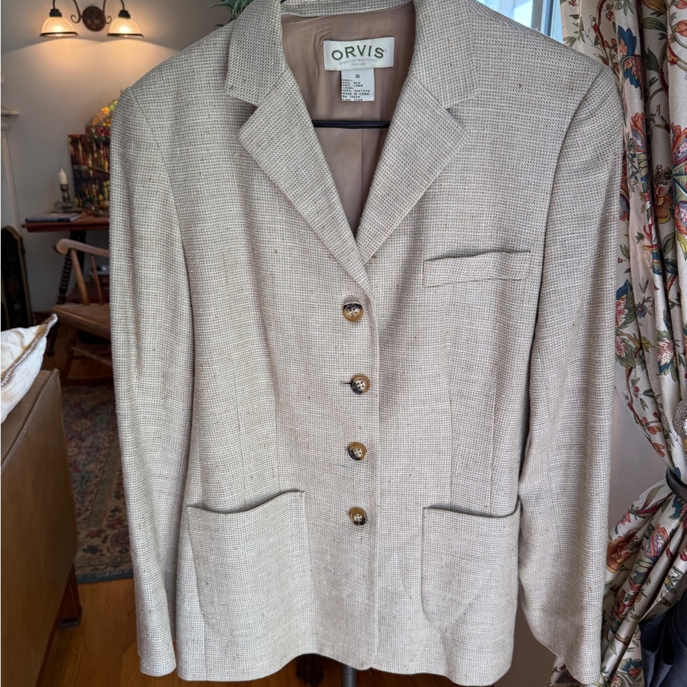 Orvis Women's Cream & Tan Silk/Linen Nubby Tweed Blazer